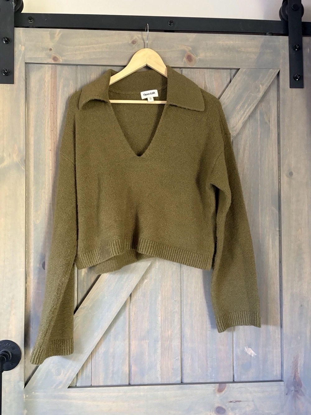 Women’s Open Edit Johnny Collar Boxy Crop Sweater Olive Green